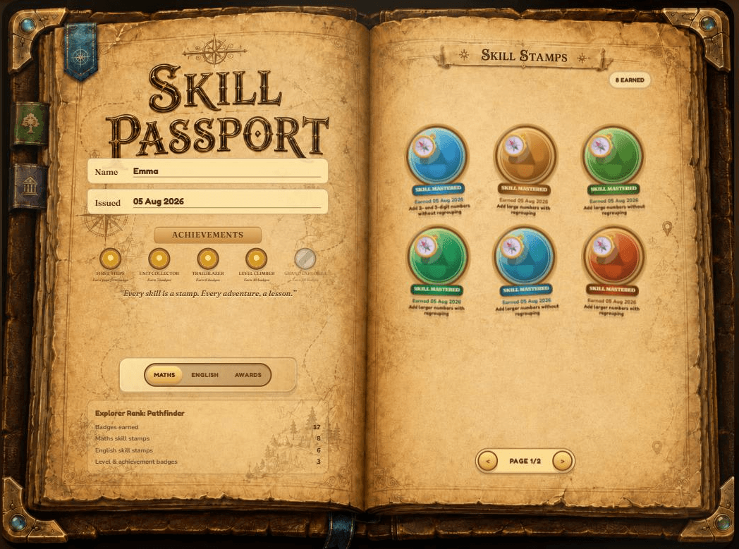 A real Skill Passport, open at the stamps page