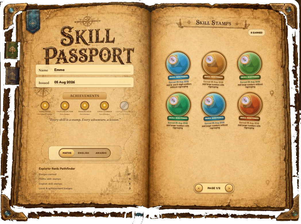 A real Skill Passport, open at the stamps page